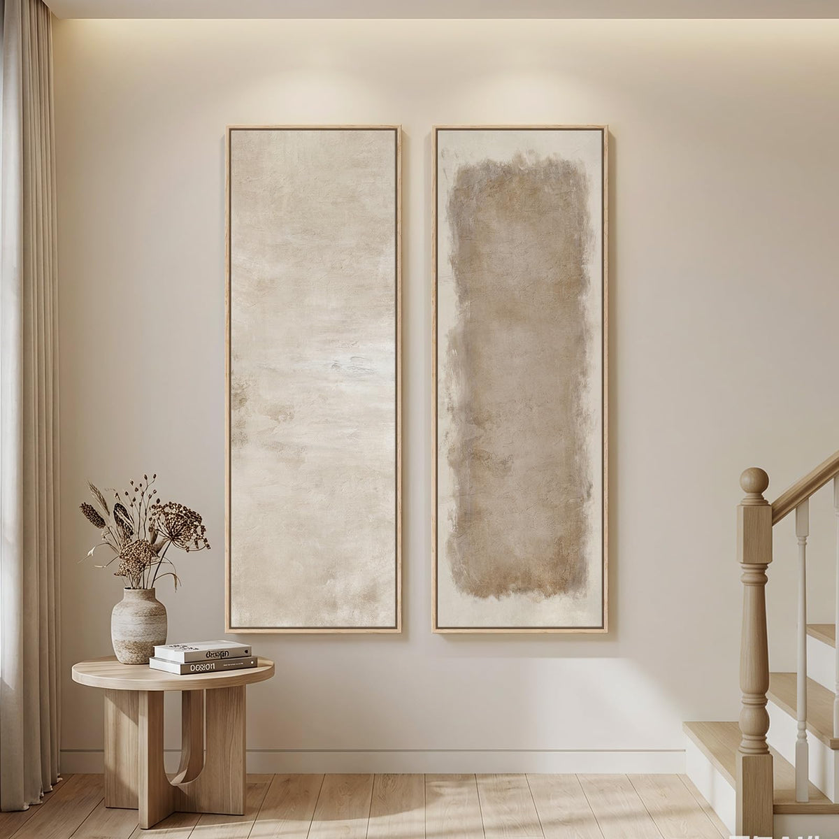 Large Framed Beige Cream Abstract Vertical Wall Art for Hallway, 2 Piece Long narrow, Large size, Canvas prints, Neutral minimalist pictures, Vertical, Wood frame, Living room,Entryway wall decor