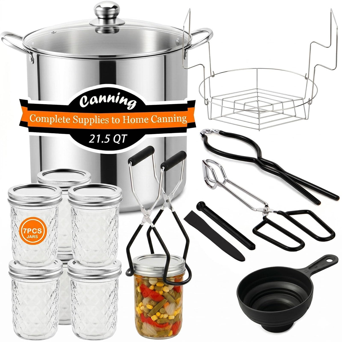 Canning Supplies Kits with 21.5 Qt Canning Pot, 7pcs Mason Jars, Tongs, Stainless Steel Jar Rack, Funnel, Lid Lifter Water Bath Canner Tool Set
