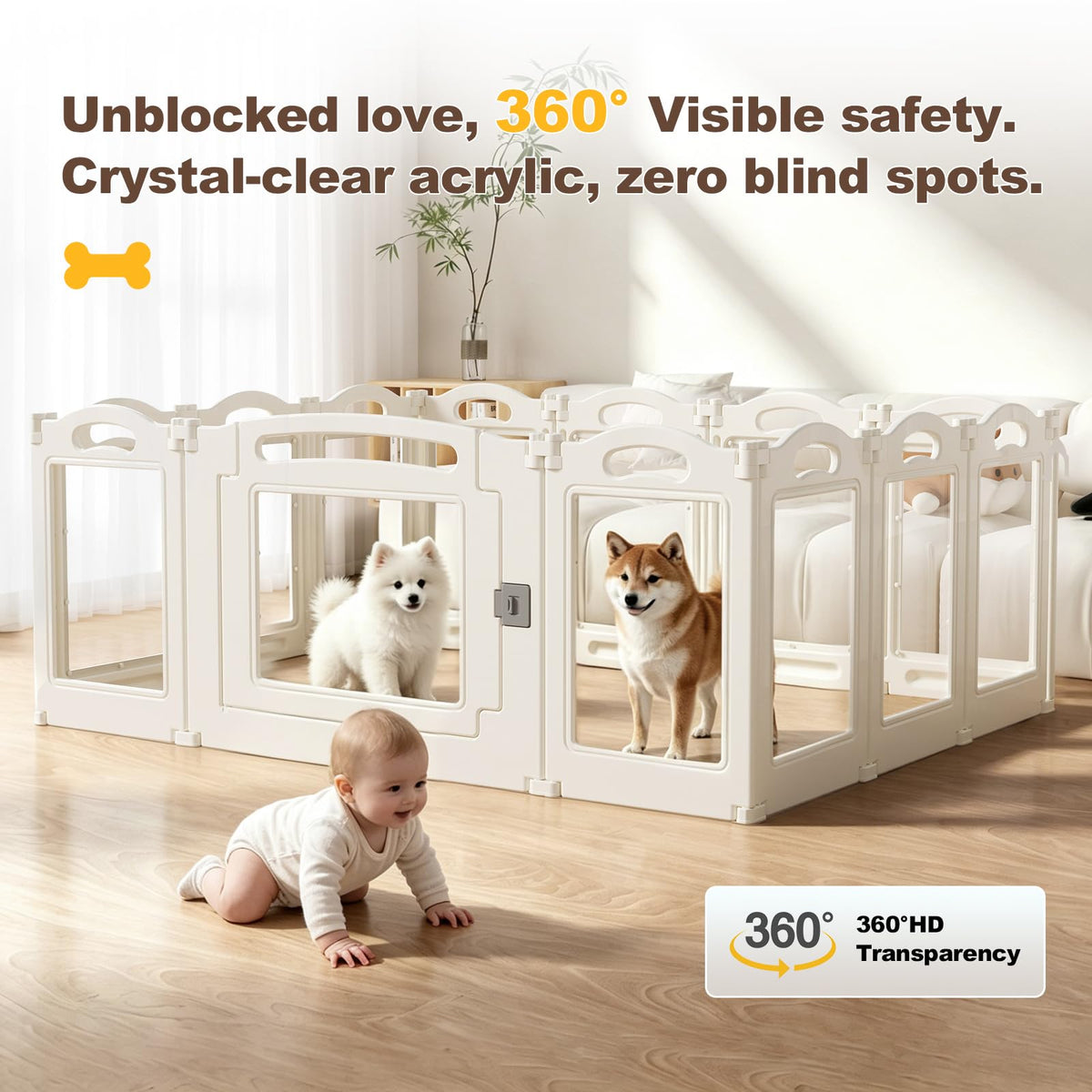 Foldable Clear Acrylic Dog Playpen with Door, 23.6" Acrylic Puppy Playpen, Easy Assemble Indoor Pet Fence with White Frame, Clear Dog Playpen for Puppies & Animal (White, 23.6‘H, 12 Panels + 1 Door)
