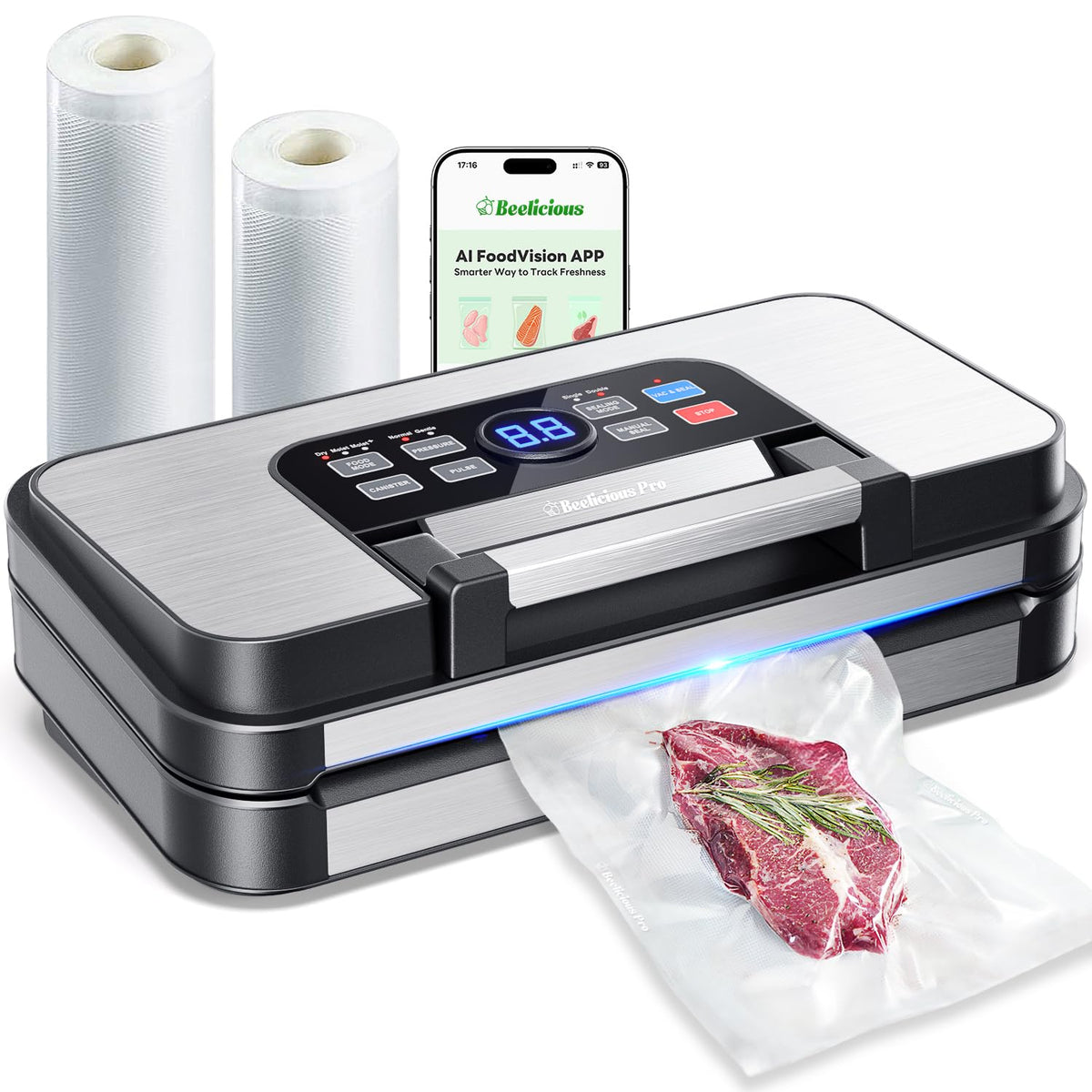 95kPa Precision Vacuum Sealer for Food with Dry/Moist Modes, 2X Strength Double Heat Seal, Dual-Pump Suction, Easy-Lock Handle, Food Sealer with Built-in Cutter & Bag Storage, Stainless Steel