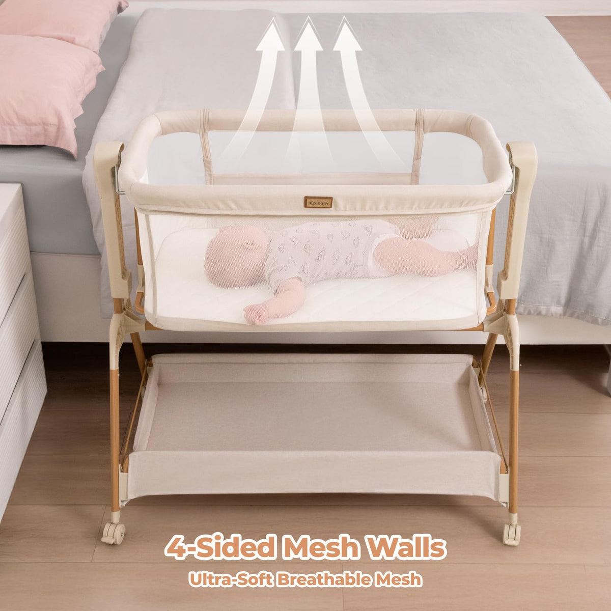 Ezebaby Baby Bassinet Bedside Sleeper: 3-in-1 Rocking Bassinet for Baby - Breathable Full-Mesh Crib with Mattress | 6 Height Adjustable | Portable Crib with Lockable Wheels for Newborns