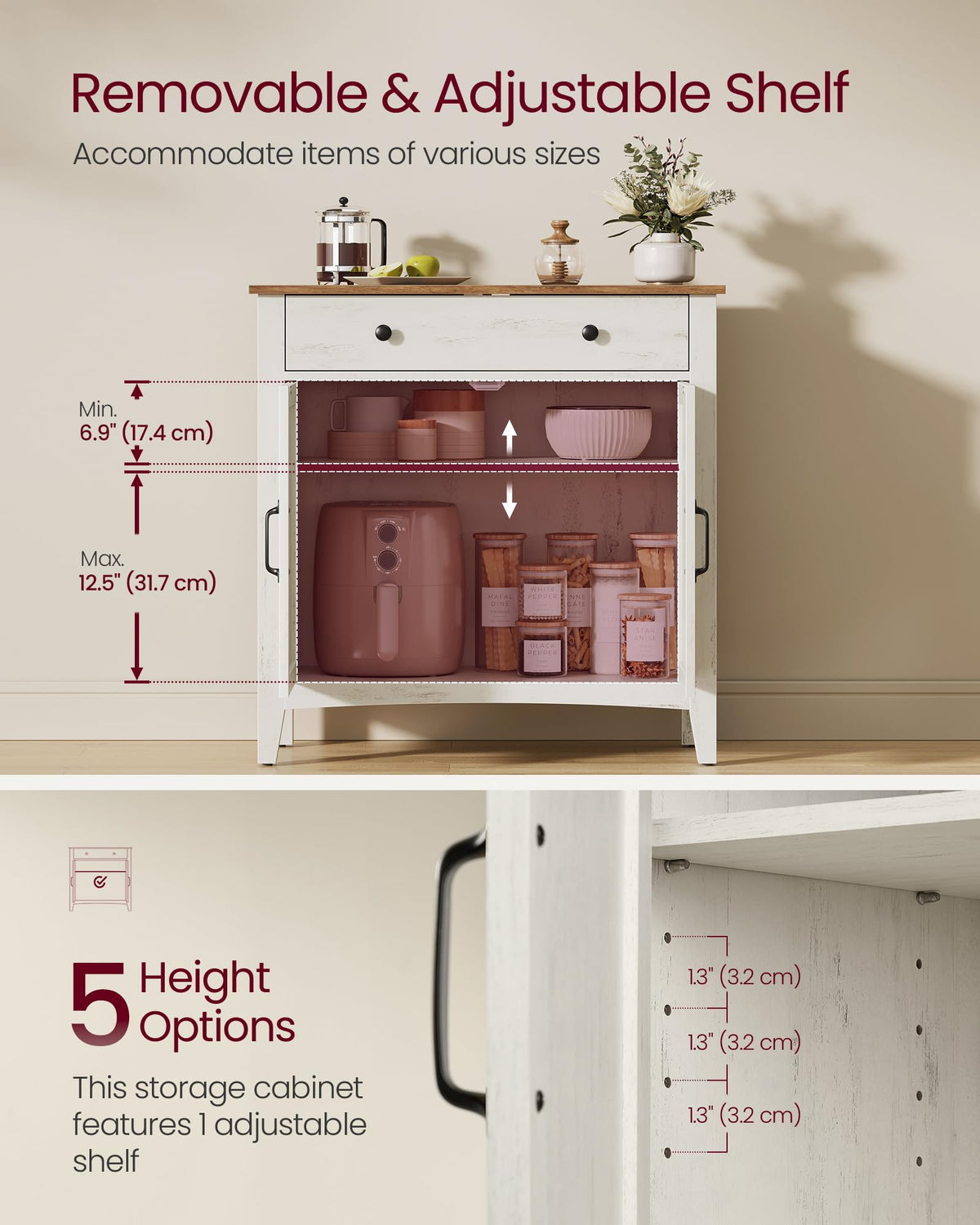 VASAGLE Buffet Cabinet, Coffee Bar with a Drawer, Adjustable Shelf Sideboard Storage with Cable Hole, Drawer Divider, Rustic White and Honey Brown, LIRY Collection UBBK341W01