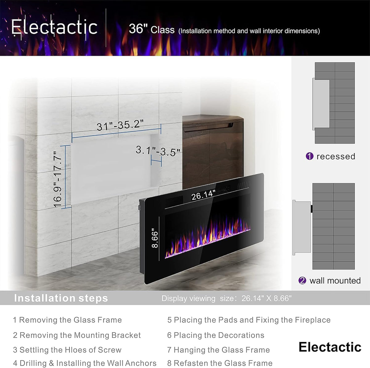 Electactic 36 Inch Electric Fireplace Insert Ultra-Thin - Recessed & Wall-Mounted Fireplace Heater with Thermostat, Adjustable Flame, Remote Control - Linear with Timer, Touch Screen, 750/1500W