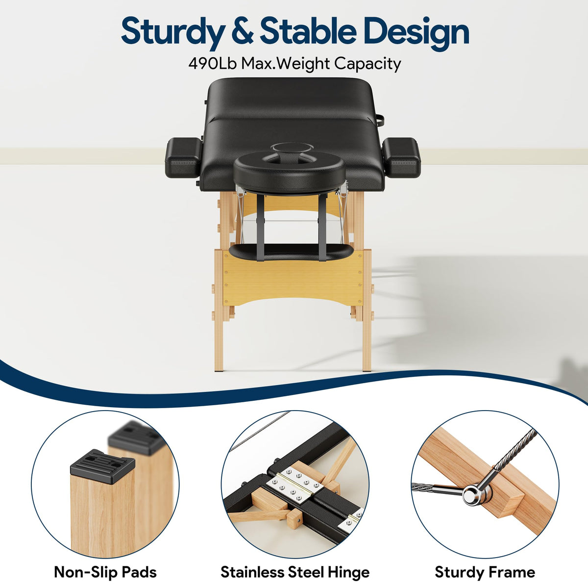 Brelley Massage Table Portable Wooden Lash Bed 2-Fold Tattoo Bed, Black Massage Bed Adjustable Height, Beech Wood, 490Lbs Load Capacity, Portable Esthetician Lash Spa Salon Tattoo Bed