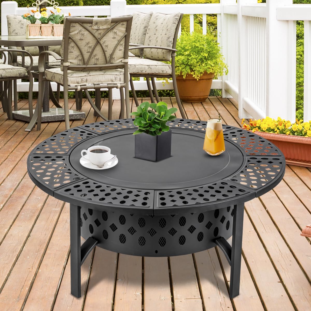 OutVue 42 Inch Fire Pit with 2 Grills, Lid, Poker Large Wood Burning Fire Pits for Outside,Heavy Duty Fire Pit, BBQ& Outdoor Firepit & Round Metal Table 3 in 1 for Patio