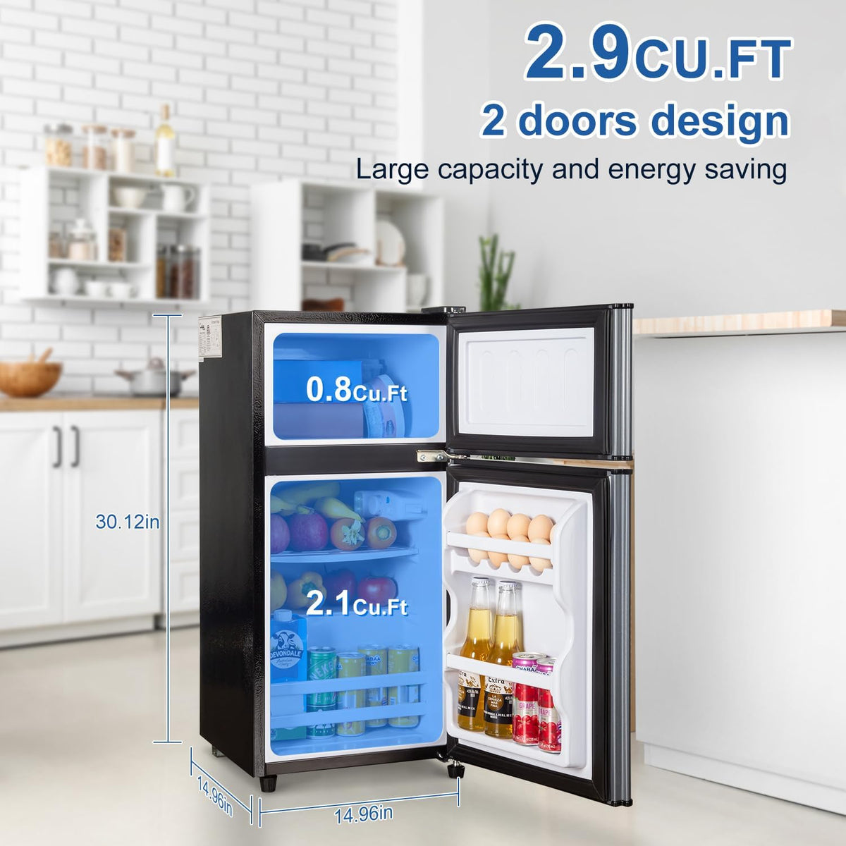 2.9 Cu.Ft Mini Fridge with Freezer, Compact Double Door Refrigerator with 7-Level Cooling, Energy Saving, Low Noise, Small Fridge for Dorm, Bedroom, Office - Blue