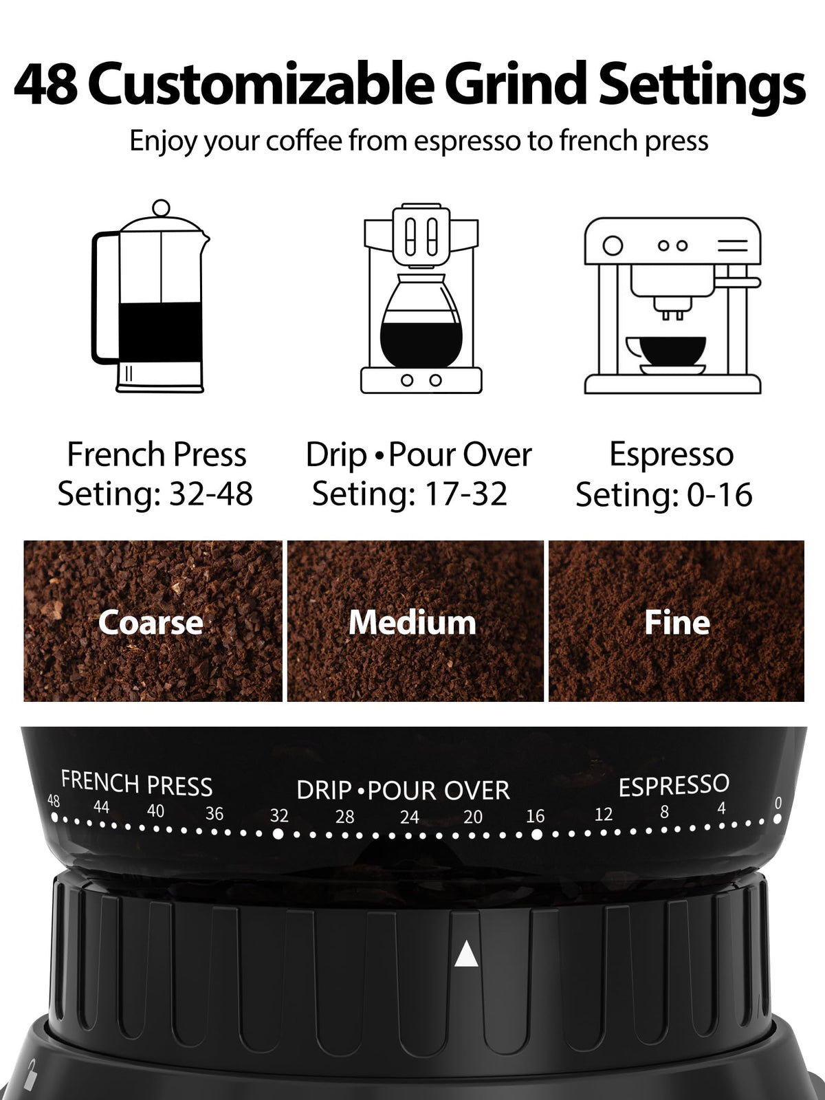 Aromaster Conical Coffee Bean Grinder, 48 Settings, Anti-Static, Sliver Stainless Steel, 40S Adjustable Timer, Removable Burr, Brush for Easy Cleaning, for Espresso French Press Home Use, Quiet