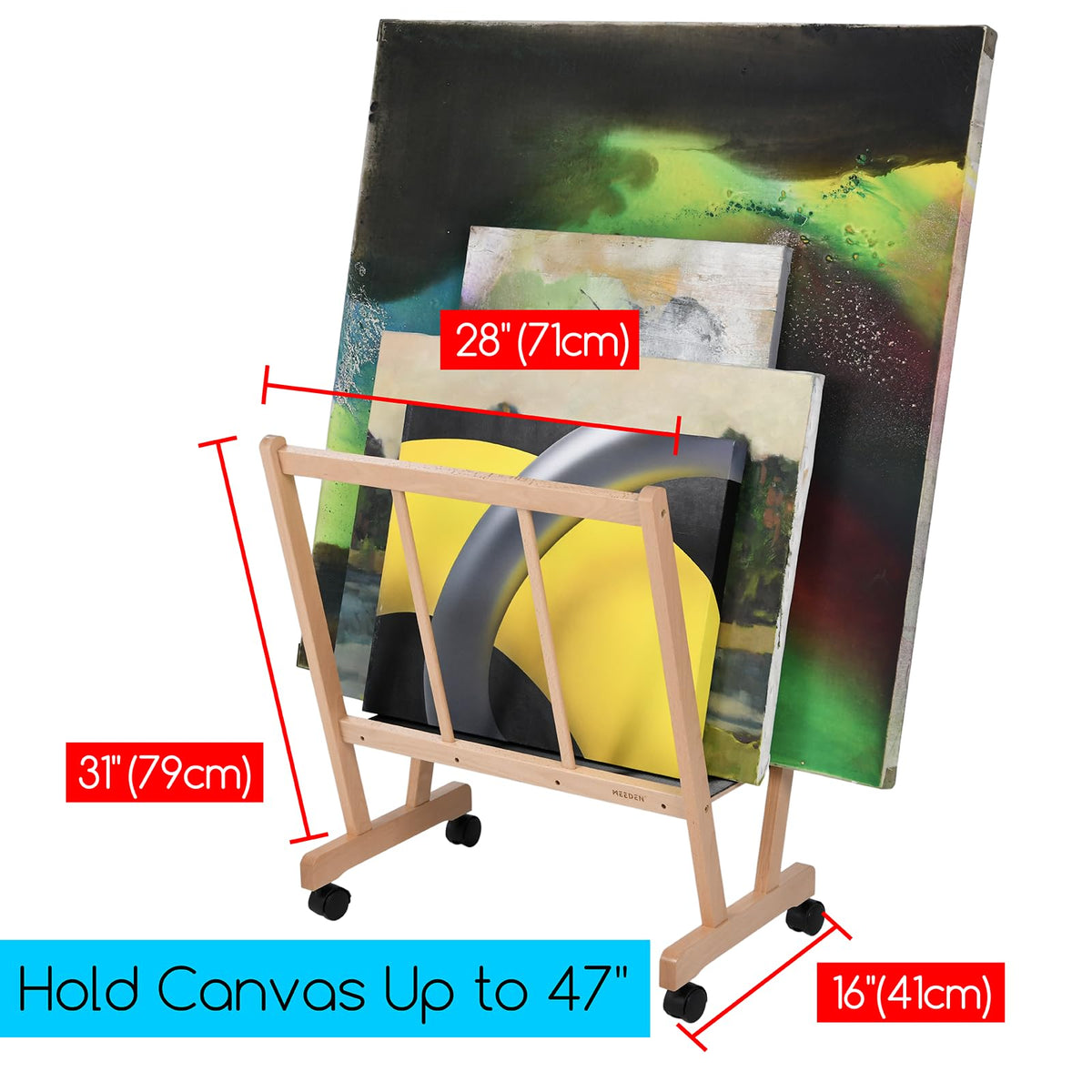 MEEDEN Art Display Print Rack: Artist Storage Rack with Castors for Canvas Premium Wood Drying Rack, Storage for Canvas, Prints, Panels, Posters, Holds Artworks Up to 47", Natural