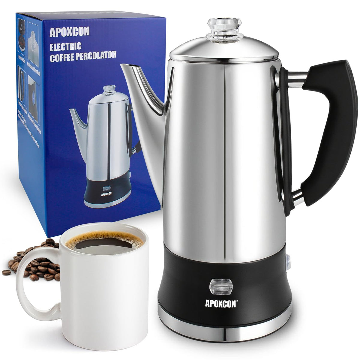 APOXCON Electric Coffee Percolator Stainless Steel Coffee Maker with Glass Knob & On/OFF Switch Classic Coffee Pot with Keep Warm Cordless Serve - No Aluminum No Plastic Contact with Beverage (12 Cup)