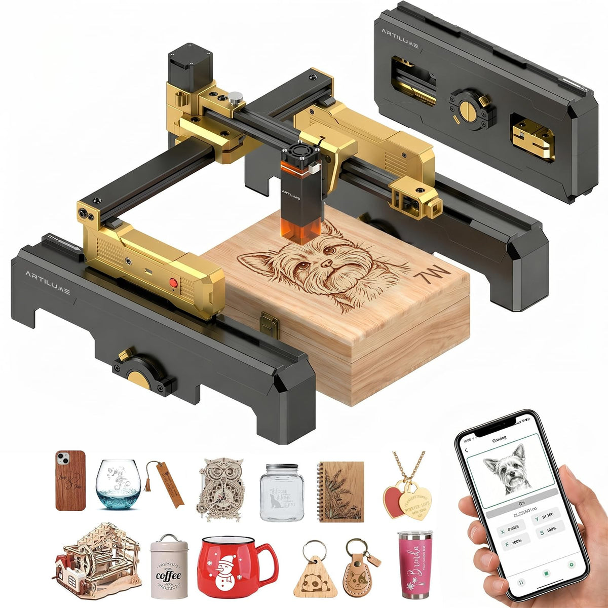 Artilume T1-P Foldable Laser Engraver 7000mW Laser Engraving Machine Portable Laser Cutter,App Control, 200x150mm Work Area, 0.01mm Precision for DIY,Wood,Metal,Acrylic,Glass,Stainless Steel