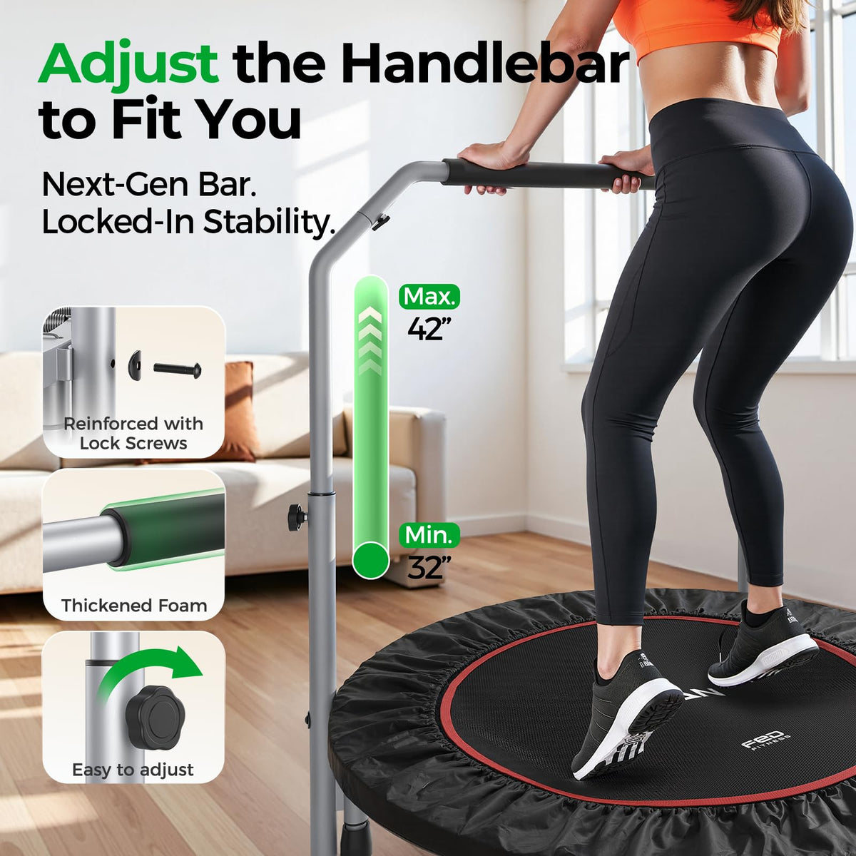 BCAN SP2 40/48" Foldable Mini Rebounder Trampoline for Adults, 330/440 lbs Capacity, Mini Trampoline with Adjustable Handle, Low-Impact Indoor Exercise Workout | FED Fitness