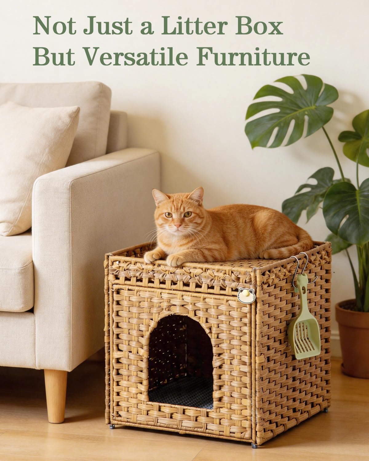 SETVSON Cat Litter Box Enclosure Furniture, Hidden PE Rattan, Natural PE Rattan Kitty House with Top Fence, Fits Standard Litter Box, Included Litter Mat, 2 S-Hooks, Sturdy Metal Frame