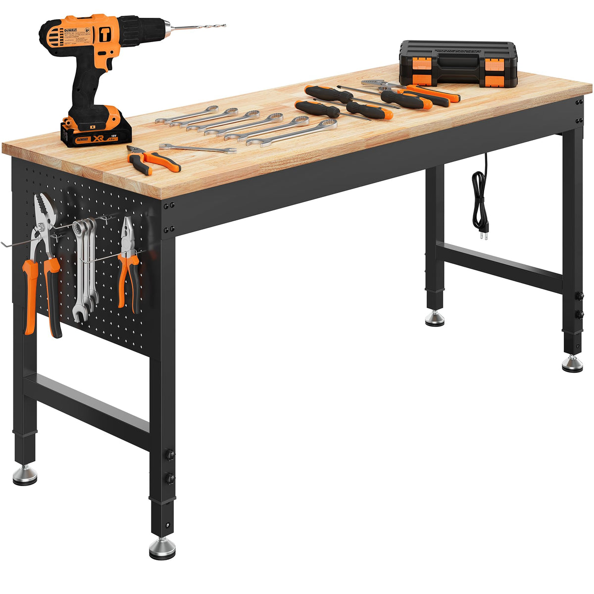 CAMMOO 60" Adjustable Workbench, 2000LBS Max Load, Pegboard & Power Strip Rubberwood Tabletop, for Garage, Workshop, Home
