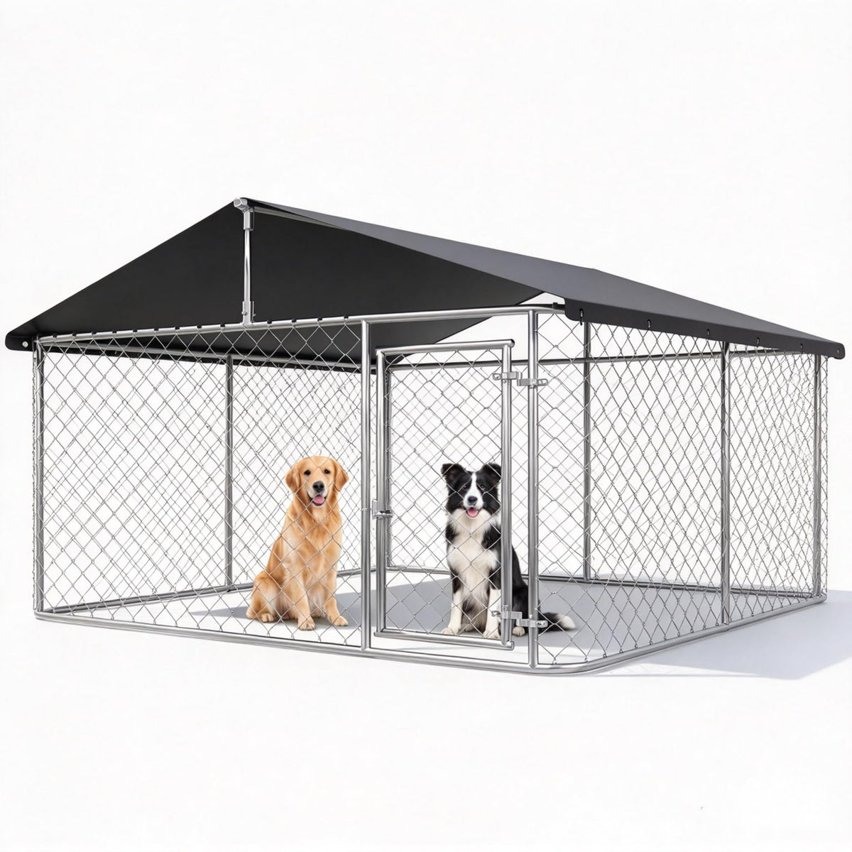 Petony Large Outdoor Dog Enclosure,Heavy Duty Dog Kennel with Roof,Galvanized Steel Dog Cage Fence with Double Safety Locks(78.8" L x 78.8" W x 65" H)