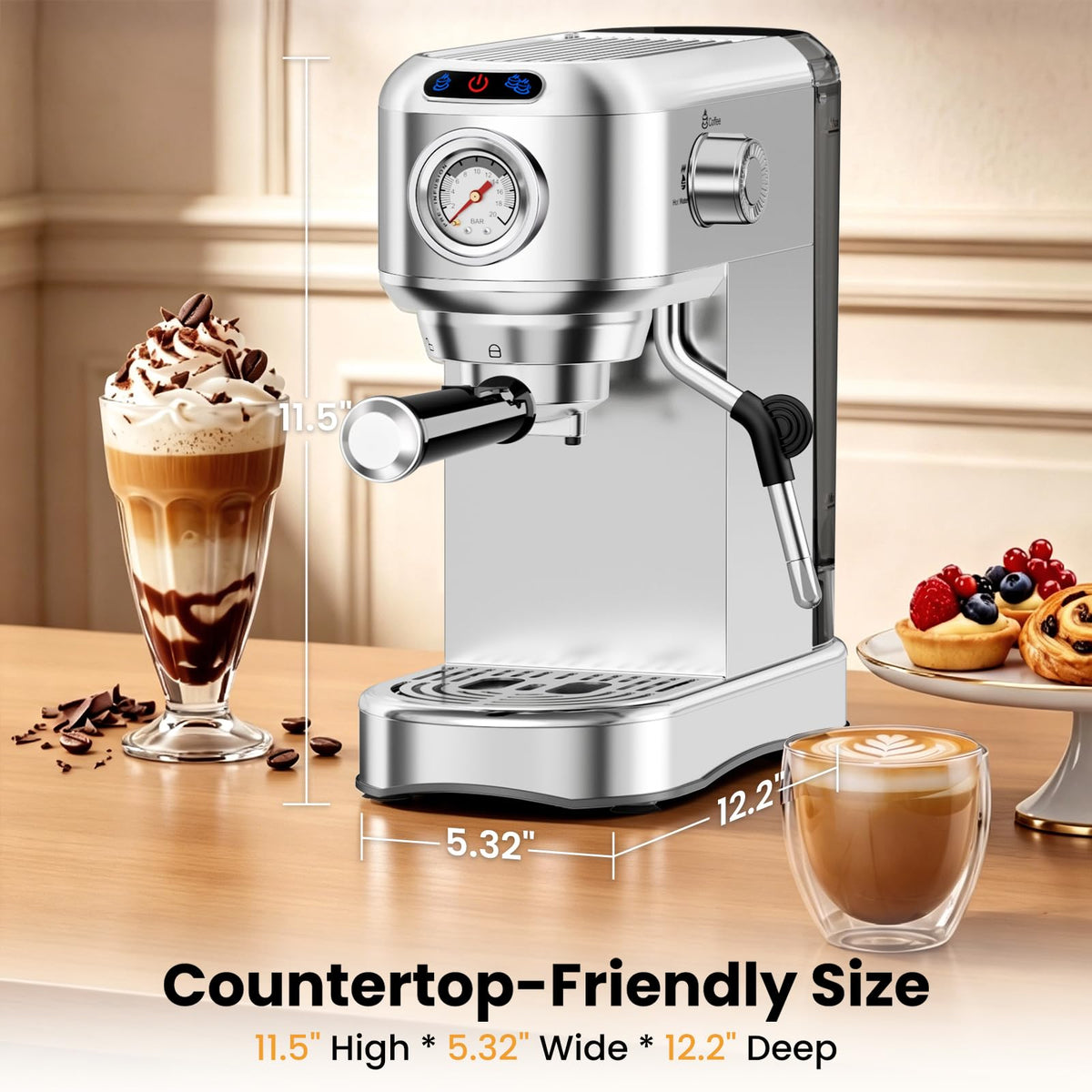 Espresso Machine 20 Bar, Compact Espresso Coffee Machine with Milk Frother, Stainless Steel Coffee Maker with 34oz Removable Water Tank, Cappuccino Machine for Home, Office, Latte (Silver)