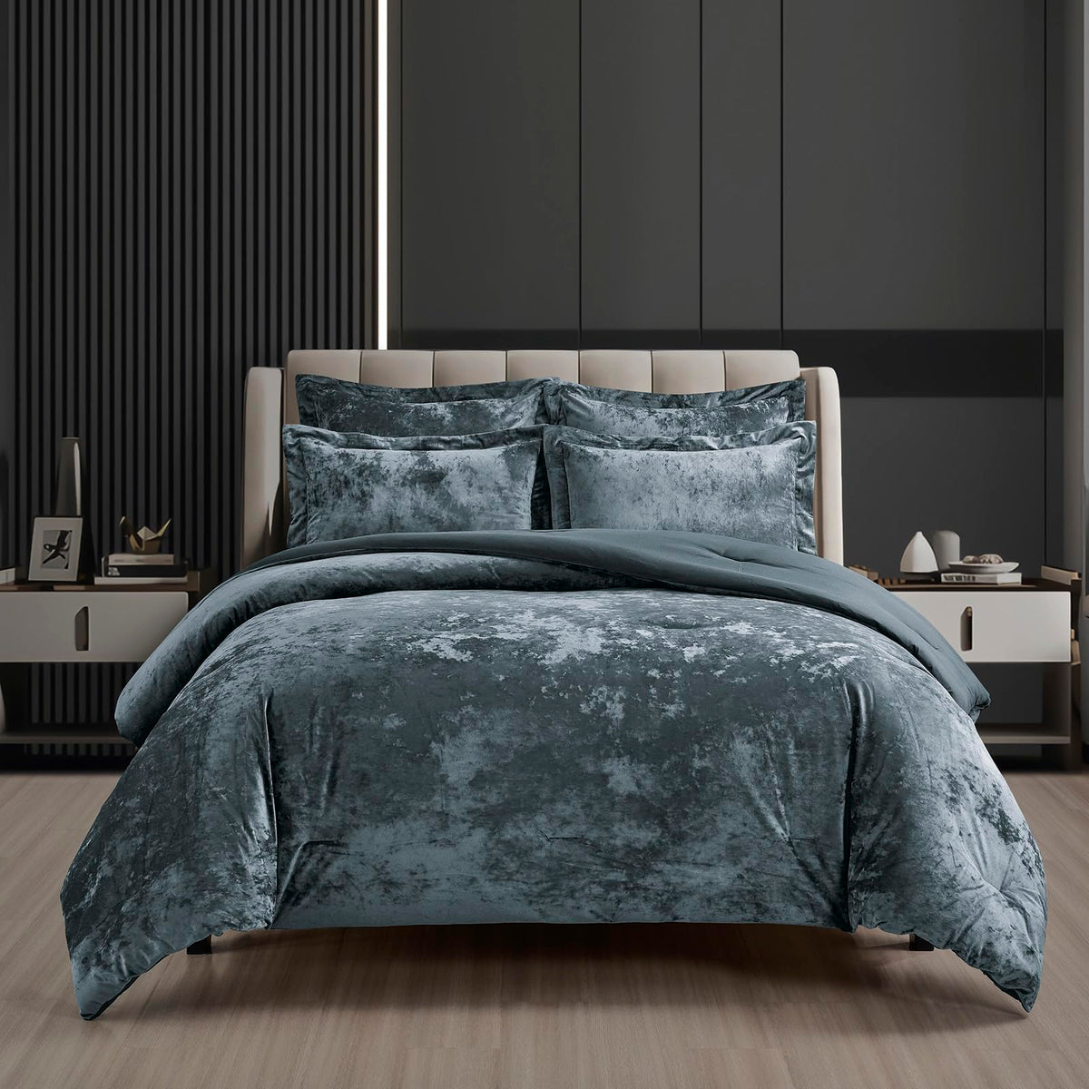 Fredsure Distressed Velvet Comforter Set, 5 Pieces Smoke Blue King, Distressed Velvet Face and Brushed Microfiber Reverse
