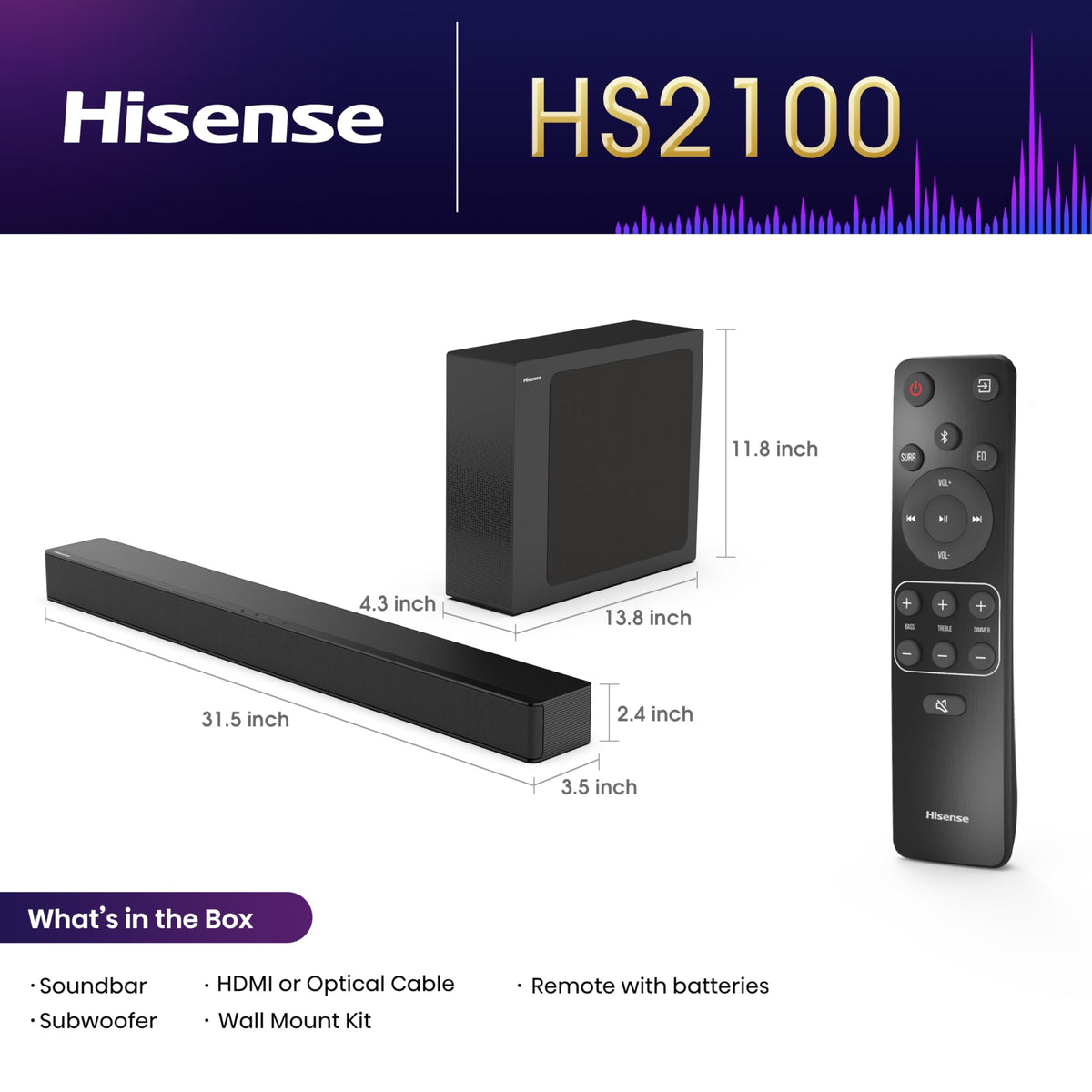 Hisense HS2100 2.1ch Soundbar with Wireless Subwoofer, Dolby Audio, DTS Virtual:X, HDMI ARC, Bluetooth 5.3, Remote Control, 6 EQ Modes
