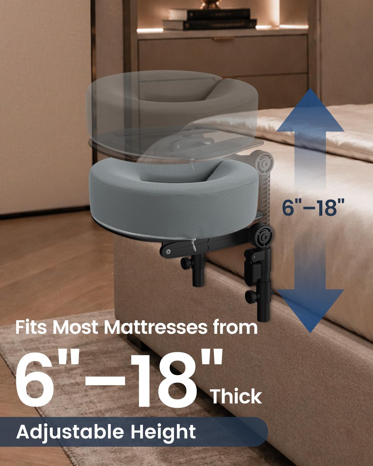 Massage Headrest for Bed with Arm Rest & Chest Cushion for Home Relax Spa Adjustable Height for 6–18" Thick Mattresses, Customizable Face Opening, Ergonomic Contoured Memory Foam, Flat Anti-Slip Base