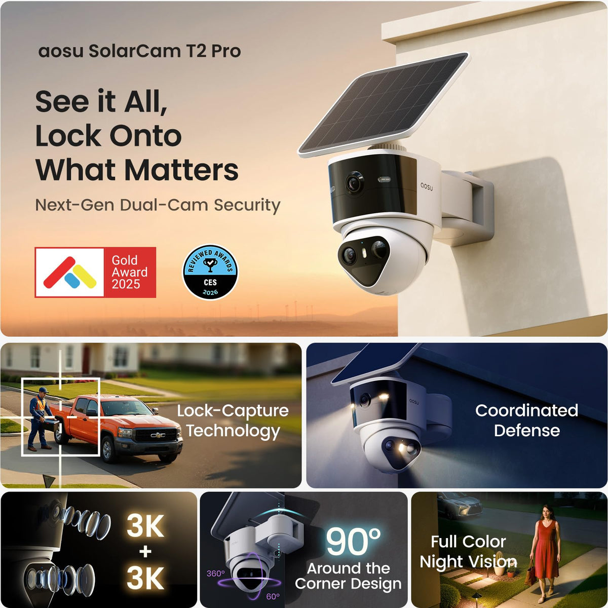 aosu T2 Pro 3K Dual Cam Outdoor Security Camera, Solar Powered, AI Tracking 170° Wide & 360° PTZ, No Blind Spots, Local Storage ,Full Color Night Vision,AI Human Vehicle Tracking, 8X Zoom