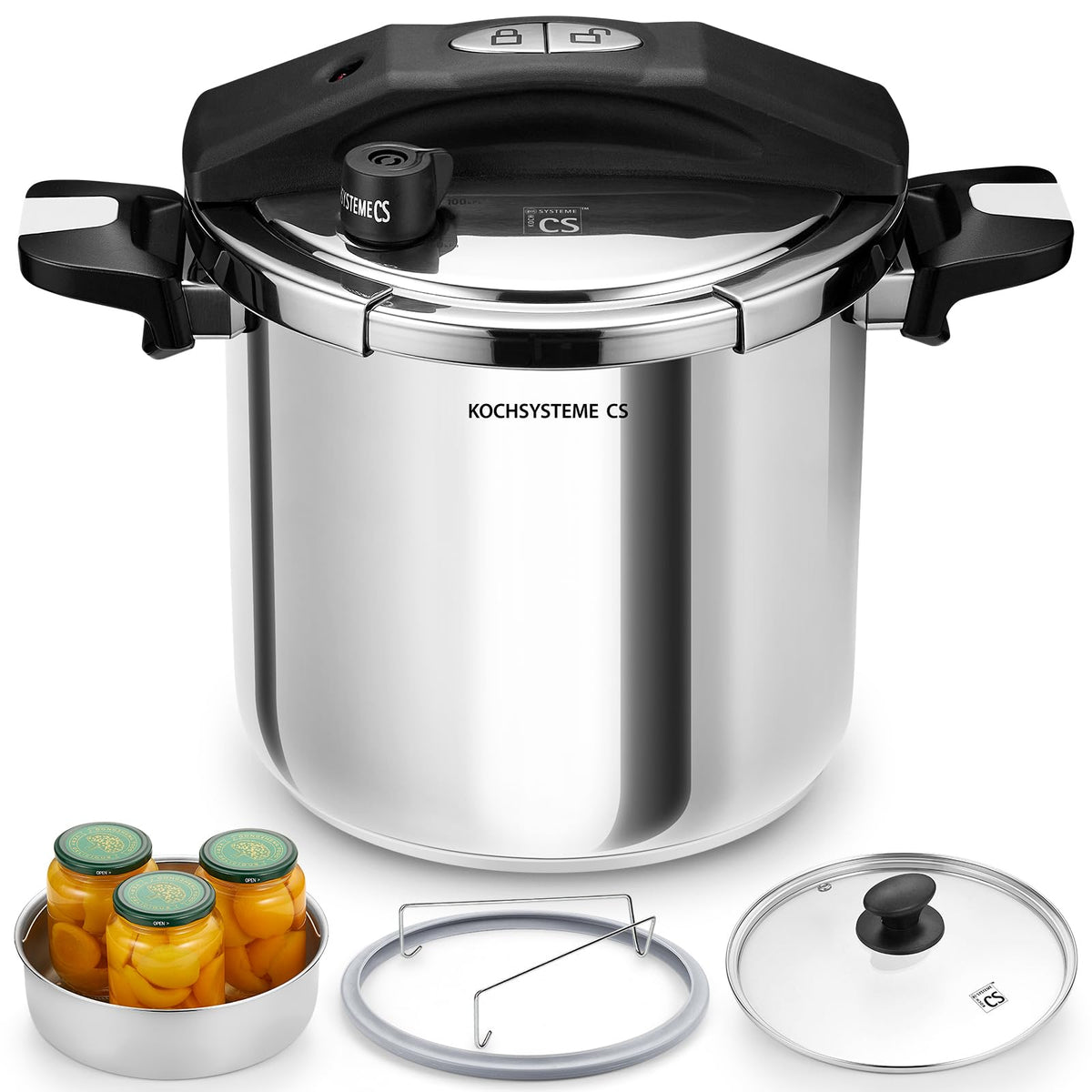 KOCH SYSTEME CS Stainless Steel Pressure Cooker 10.5 Quart, 3-in-1 Olla de Presion, One-Hand Locking, 3 PSI Settings Stovetop Pressure Pot, Induction Pressure Cooker, Glass Lid & Steamer, 10.5QT