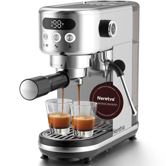 Neretva 20 Bar Espresso Machine Super Compact Espresso Coffee Machine Professional Stainless Steel Espresso Maker with LED Display and Powerful Steam for Home Baristas to Make Latte, Cappuccino