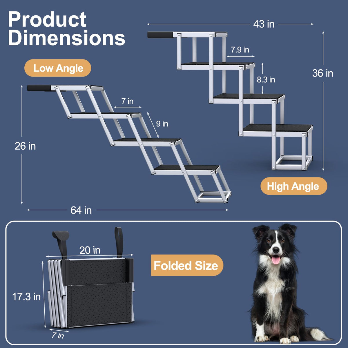 Extra Wide 20" Dog Stairs for Large Dogs, Dog Ramp for Car 4 Steps Foldable Aluminum Dog Steps for Car with Non-Slip Surface, Dog Stairs for Cars SUV High Beds Trucks, Pet Stairs up to 250 lbs