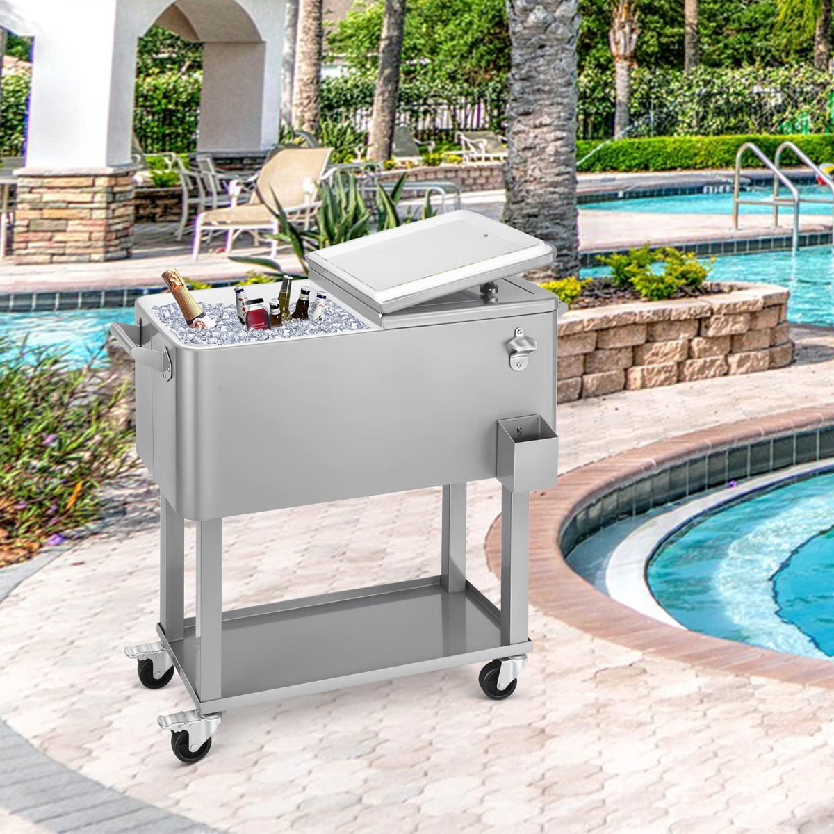 80 Qt Rolling Ice Chest Cooler Cart, Stand Up Cooler Trolley Patio Beverage Cooler Trolley with Wheels,Outdoor Drink Bar Stand for Backyard Party, Includes Serving Tray, Ice Scoop