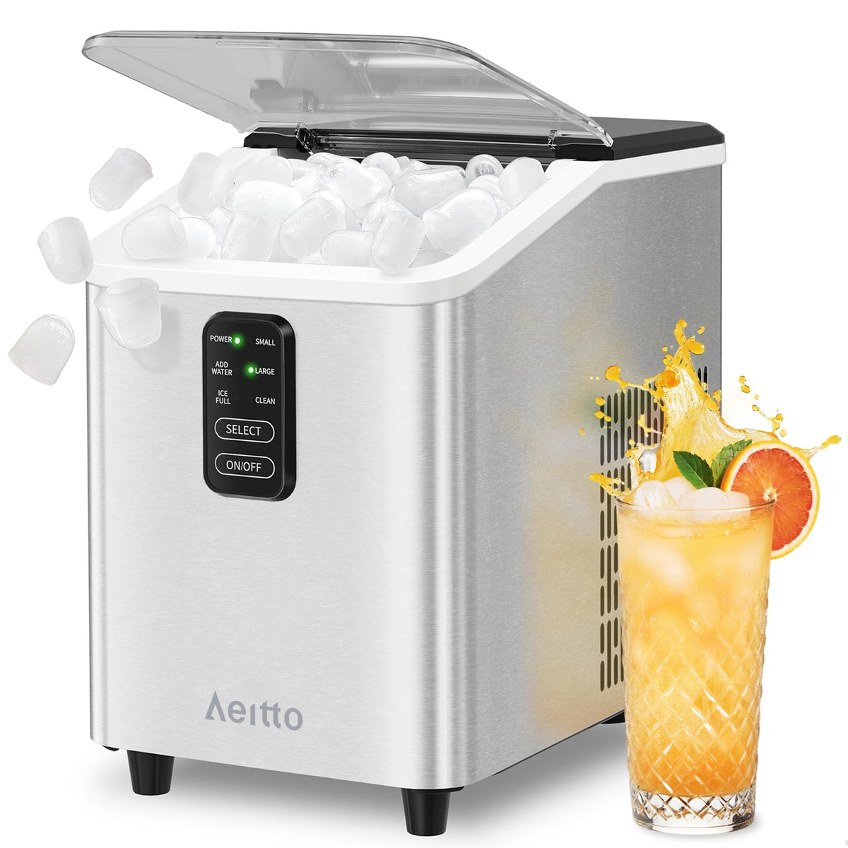 Aeitto Ice Maker Countertop 26lbs/24H Ice Makers Ready in 6-Min 8 Ice Cubes 2 Sizes of Bullet Ice Portable Ice Machine with Basket/Scoop, Auto-Cleaning Energy-Saving for Home/Kitchen/Office Stainless