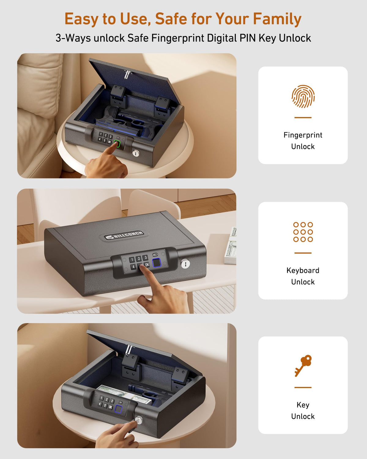 BILLCONCH Gun Safe,Biometric Fingerprint Gun Safe for Handgun Pistol Safes Fingerprint PIN Key Unlock, Interior Light Lock box with Silent Mode for Bedroom Nightstand