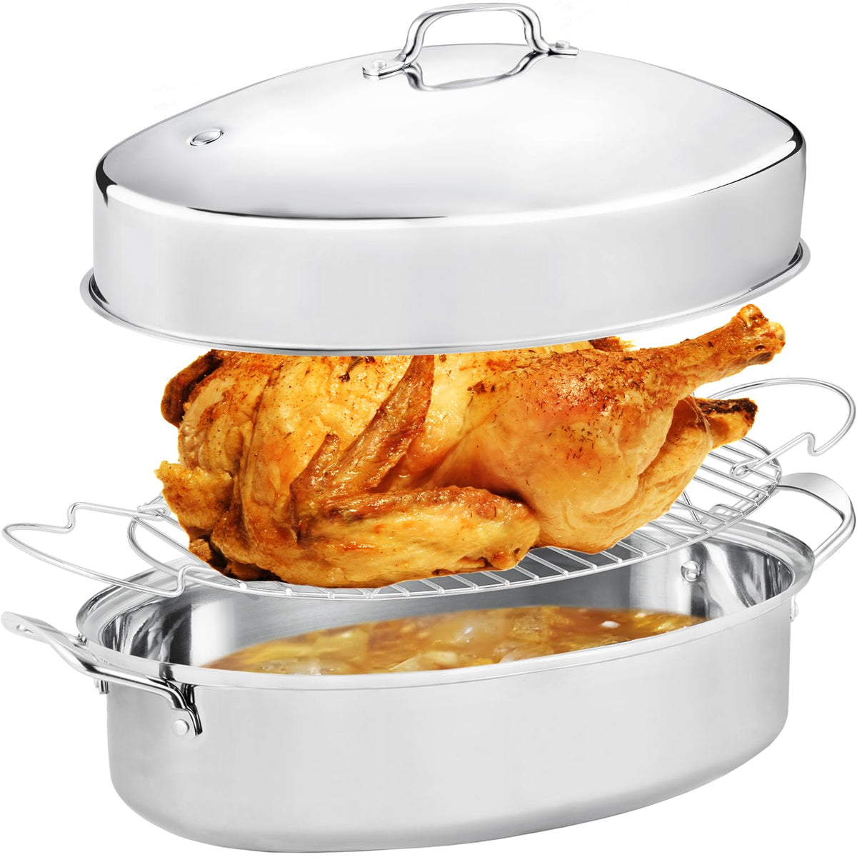 JY COOKMENT 22" Large Roasting Pan with Rack and Lid,Oval Turkey Roaster Pan for oven,Stainless Steel Roasting Pan with rack,Best Gift for Mother or Father.