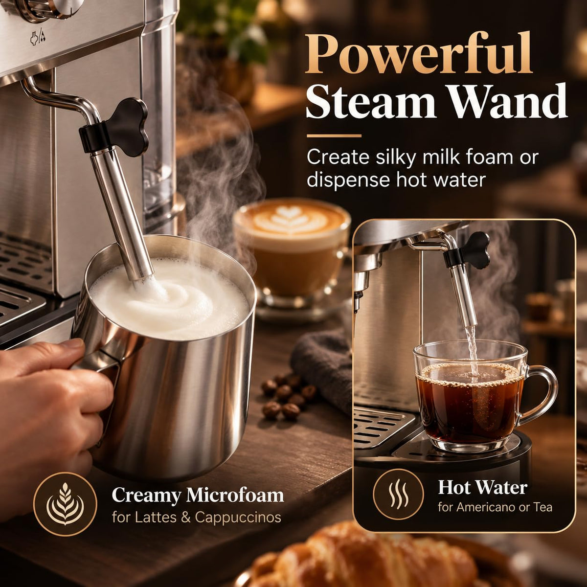 Simple Deluxe Espresso Machine, Compact, Milk Frother Steam Wand, 4 Modes Stainless Steel, 20-Bar Pump, NTC Temp Control, Built-in Pressure Gauge, 34oz Removable Water Tank for Latte & Cappuccino
