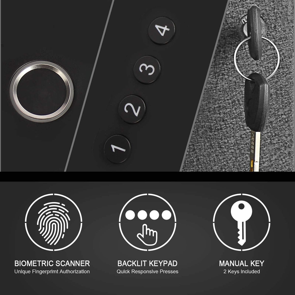 Biometric Slider Handgun Gun Safe for Nightstand, Desk, Bed Side, Truck 12.5lbs heavy duty, Auto sliding door fingerprint hand gun safe for Pistols, Triple entry modes: fingerprint, PIN code & key