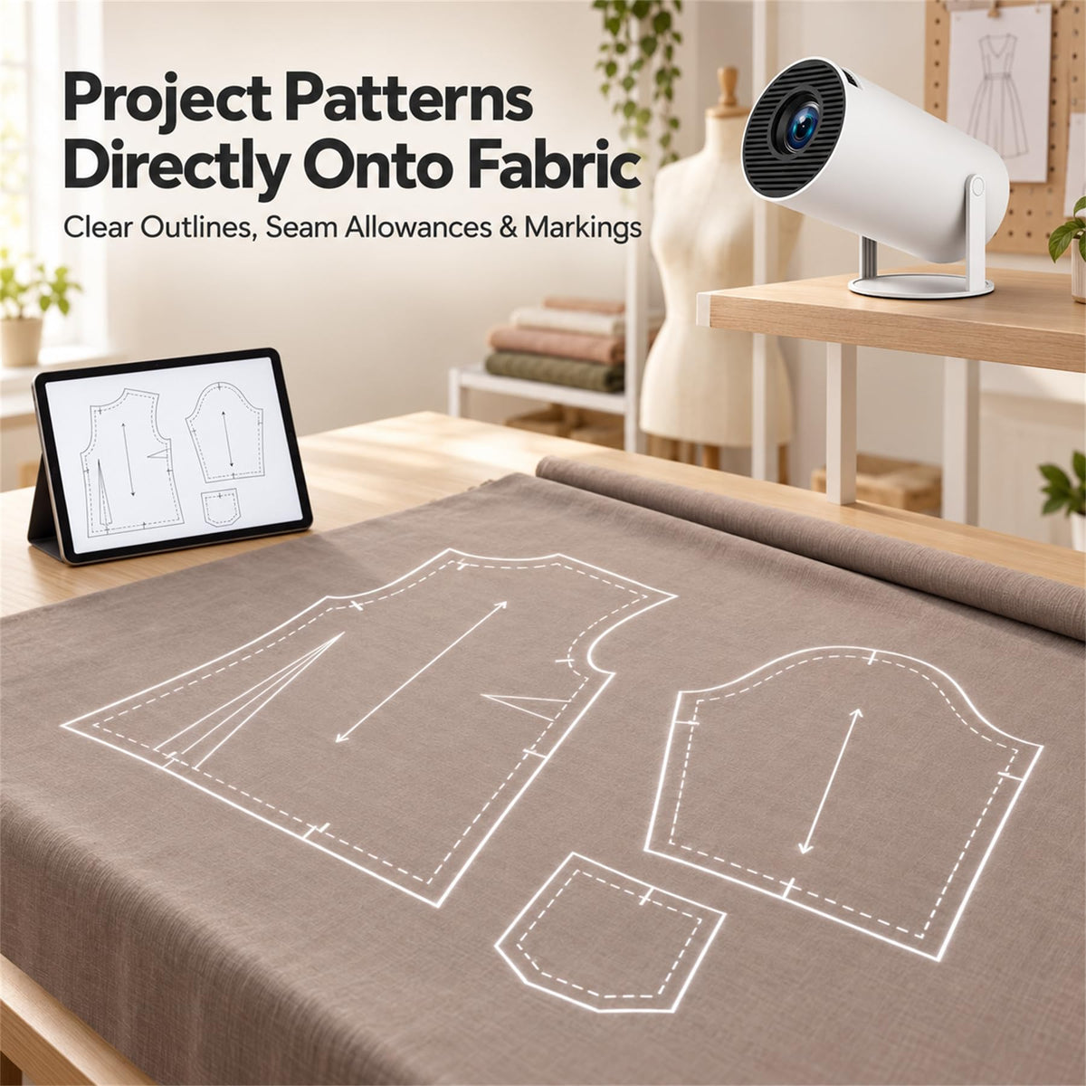 Sewing Projector for Patterns, WiFi and HDMI Pattern Projector with Remote Adjustable Downward Projection for Tracing Digital Sewing Patterns Onto Fabric Without Printing, Taping or Paper Templates