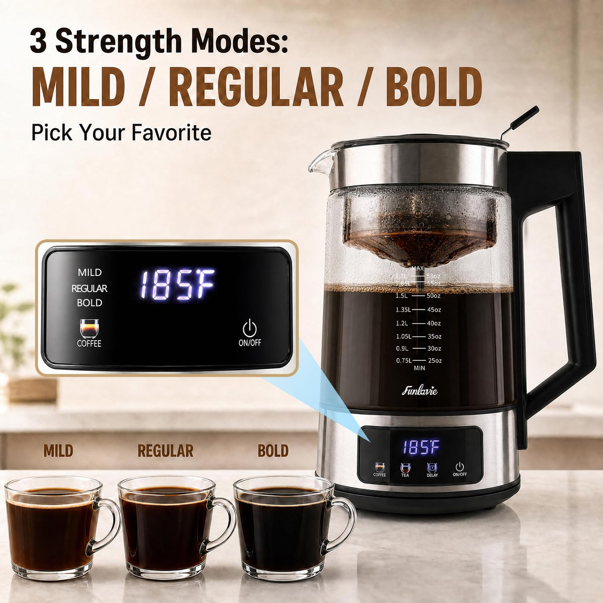 12-Cup Electric Percolator Coffee Pot, 3 Brew Strength Settings 24-Hour Delay Brew, One-Touch Brewing Coffee Maker with BPA-Free Borosilicate Glass Carafe, Auto Keep Warm