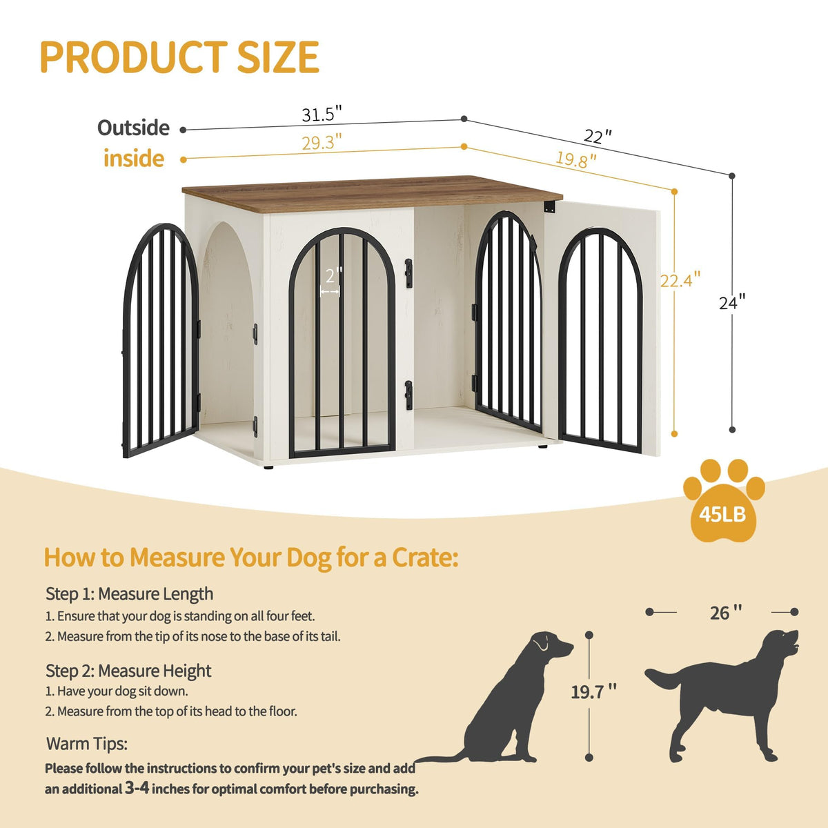 Hzuaneri 31.5 in Dog Crate Furniture,Dog Kennel Indoor for Small/Medium Dog Dog Kennel Furniture Wooden Dog Cage Heavy Duty Dog Crate Decorative Pet House End Side Table TV Stand,White Brown DFC85114B