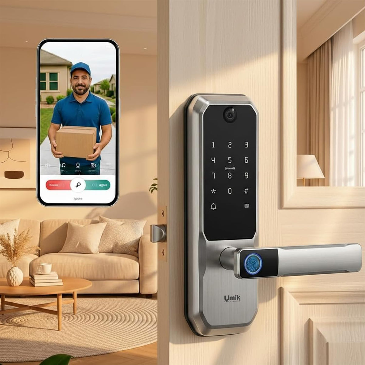UMIKSMART WiFi Smart Door Lock with Camera, Fingerprint Keypad, App Control Reversible Handle Design Fingerprint, PIN and IC card access with HD camera and remote control