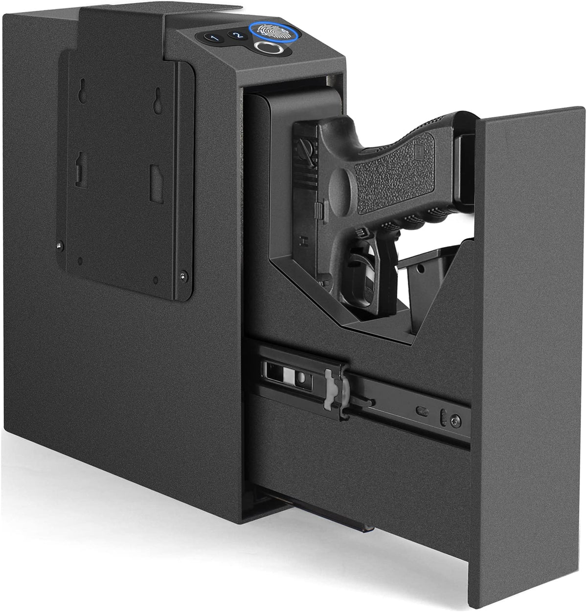 Biometric Slider Handgun Gun Safe for Nightstand, Desk, Bed Side, Truck 12.5lbs heavy duty, Auto sliding door fingerprint hand gun safe for Pistols, Triple entry modes: fingerprint, PIN code & key