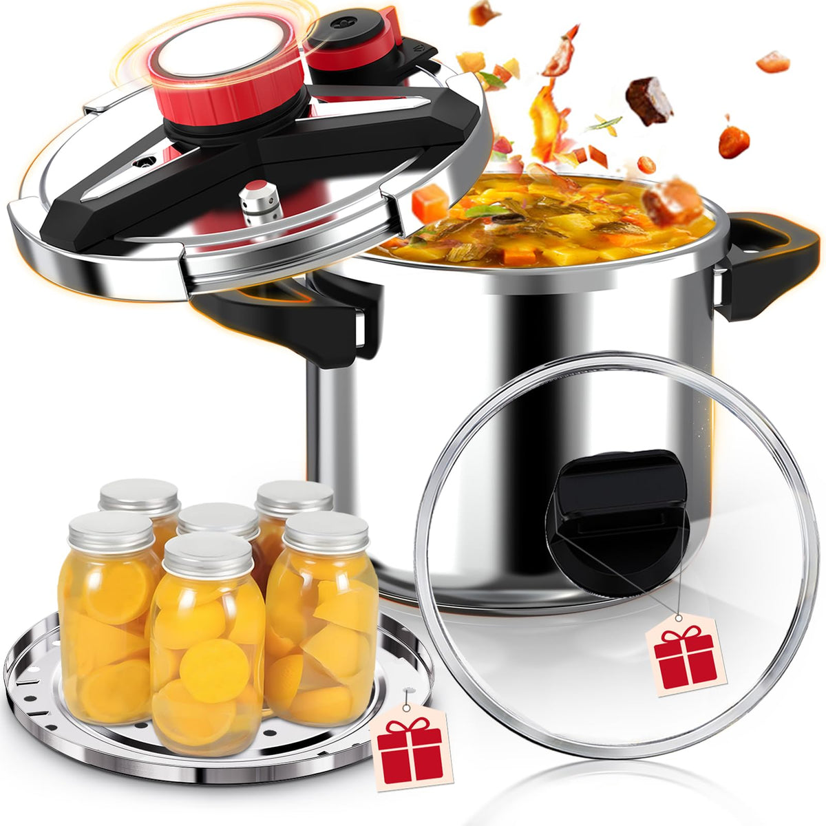 [3-IN-1] Pressure Cooker 12 Quart, 18/8 Stainless Steel Pressure Canner [One-Hand Locking] Olla de Presion, Induction Compatible, Gas Stovetop Compatible,Includes Glass Lid & Steamer Rack