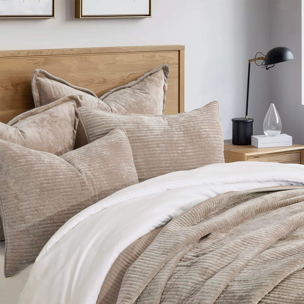 EverGrace Striped Channel Velvet Quilt Set, King Size, Urban Taupe Luxurious Soft Lightweight Velvet Comforter, Oversized Bedspread Coverlet, Quilted Bedding Set for All Season, with 2 Shams