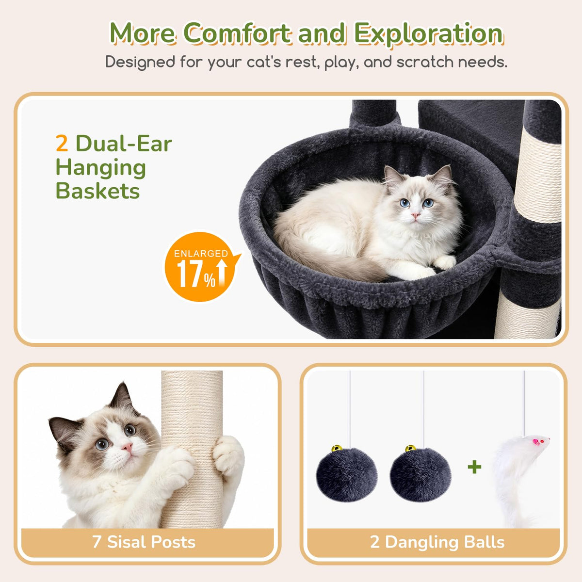Globlazer 74in Heavy Duty Cat Tree Tower for Indoor Cats Large Adult, S74 Sturdy Cat Tower with 7 Scratching Posts, 2 Widened Padded Condos for Big Cats, Dual-Ear Baskets, Enlarged Perch