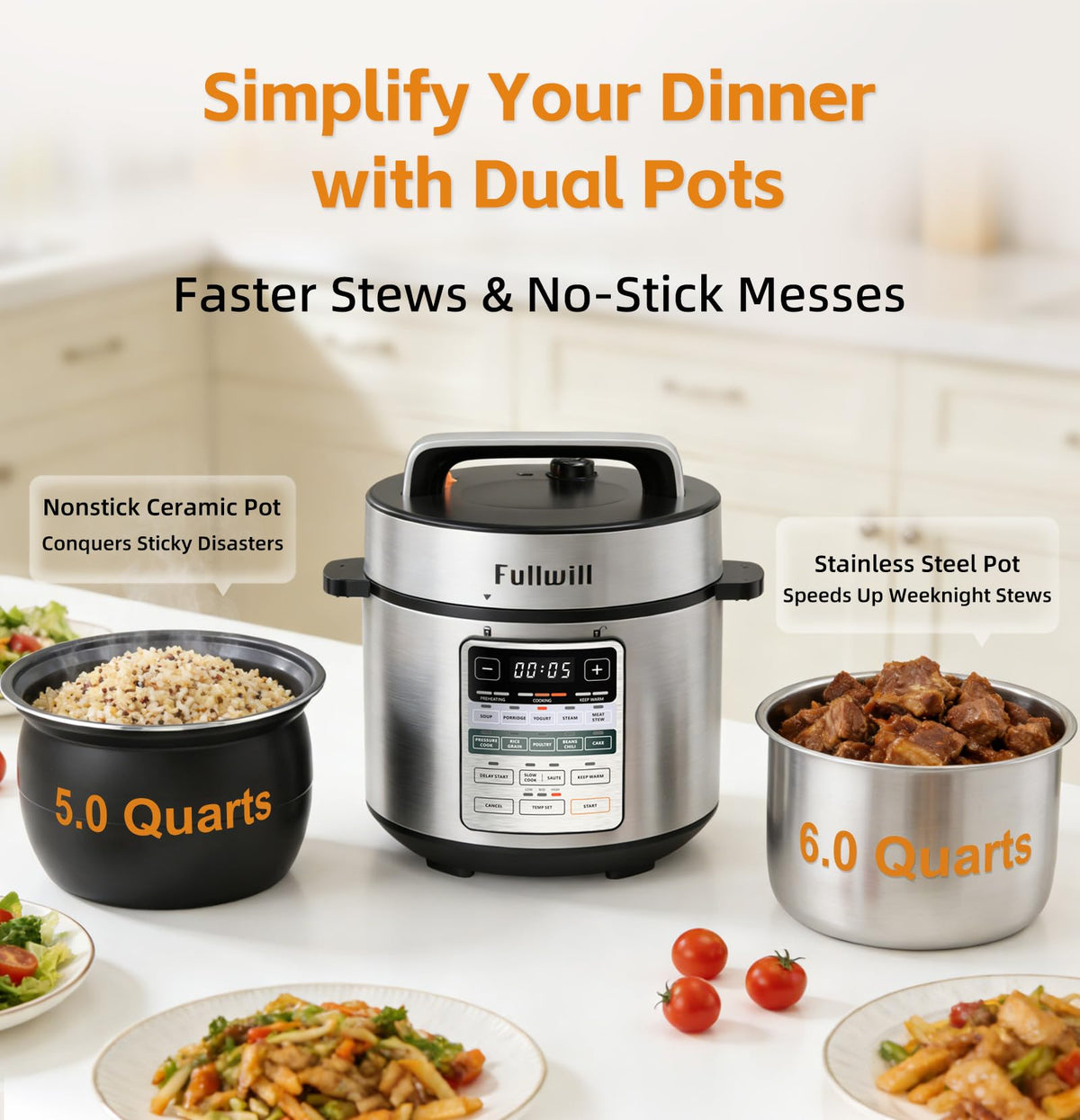 Fullwill Dual-Pot​ Electric Pressure Cooker,12-in-1 Multi Cooker with 6QT Stainless Steel & 5QT Ceramic Pot,Olla de Presion for Pressure,Rice,Meat Stew,Yogurt Maker
