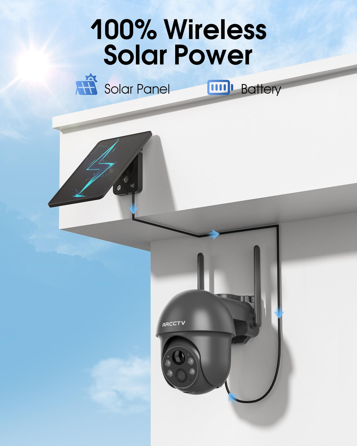 ARCCTV Solar Cameras Wireless Outdoor for Home Security, 2 Pack 4MP 2.5K HD, 2.4G/5G Dual Band WiFi, 360° View, Battery Powered, Night Vision with Spotlight, 2-Way Audio, PIR Motion Sensor