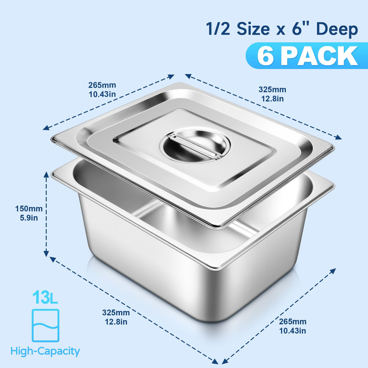 Hotel Pans with Lids 1/2 Half Size 6 Inch Stainless Steel Steam Table Pan Stainless Steel, 1/2 Size, 6 Pack, 9.5 Quart, Food Prep/Serving, Catering Buffet Display Food Pans, Restaurant Supplies