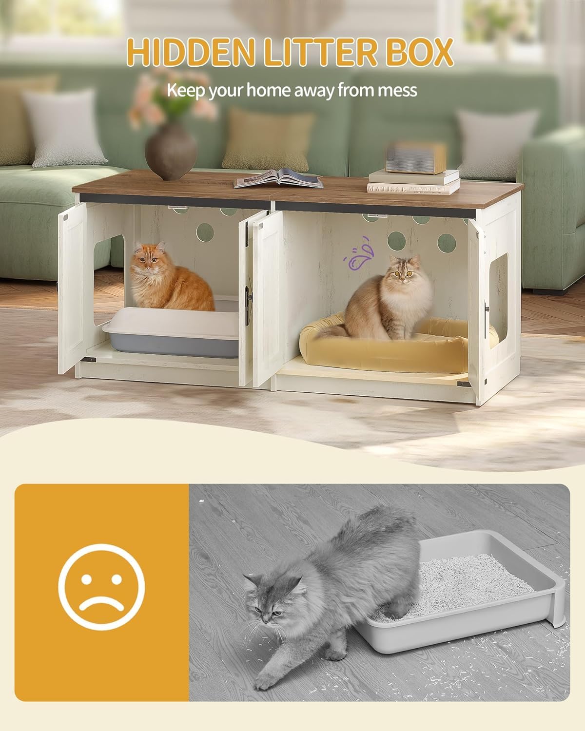 Hzuaneri Cat Litter Box Enclosure for 2 Cats, Hidden Litter Box Furniture Cat Cabinet with Double Room, Indoor Cat Washroom Dog-Proof, Farmhouse Style, 46.7 x 18.9 x 21.1, Rustic Brown White CB85314X