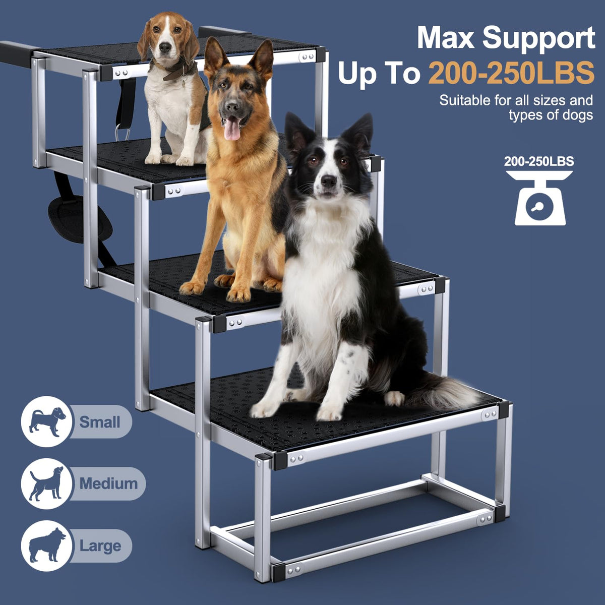 Extra Wide 20" Dog Stairs for Large Dogs, Dog Ramp for Car 4 Steps Foldable Aluminum Dog Steps for Car with Non-Slip Surface, Dog Stairs for Cars SUV High Beds Trucks, Pet Stairs up to 250 lbs