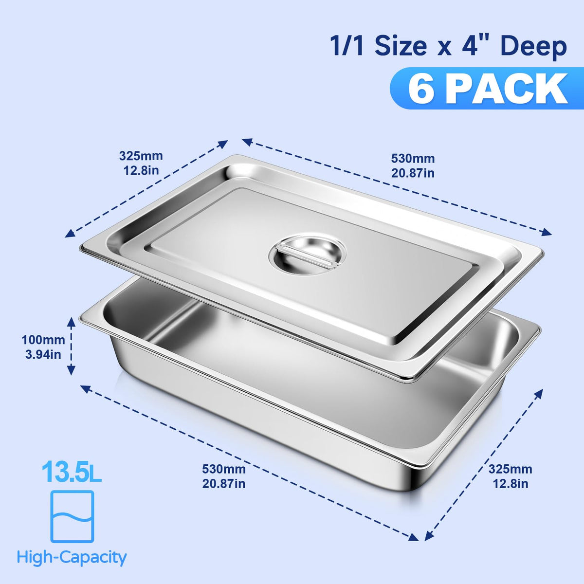 Stainless Steel Hotel Pans With Lids (6 Pack, Full Size 1/1 x 4" Deep) 1/1 Full Size Steam Table Pan, 14.3 Quart, Food Prep, Chafing Dishes for Buffet, Commercial Food Pans, Restaurant Supplies