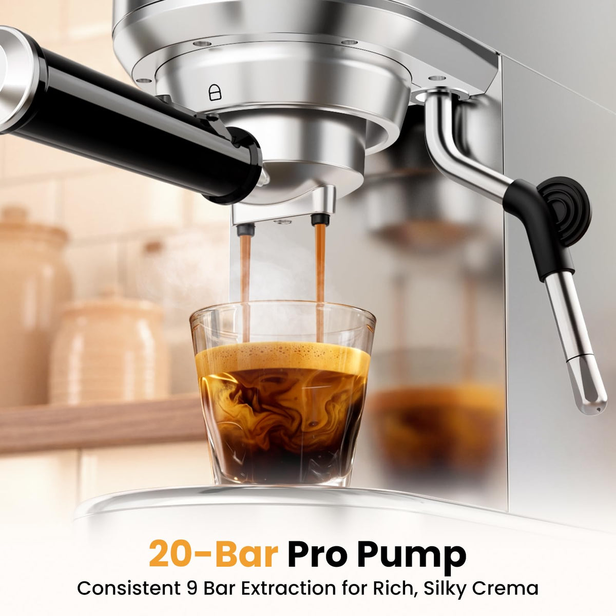 Espresso Machine 20 Bar, Compact Espresso Coffee Machine with Milk Frother, Stainless Steel Coffee Maker with 34oz Removable Water Tank, Cappuccino Machine for Home, Office, Latte (Silver)