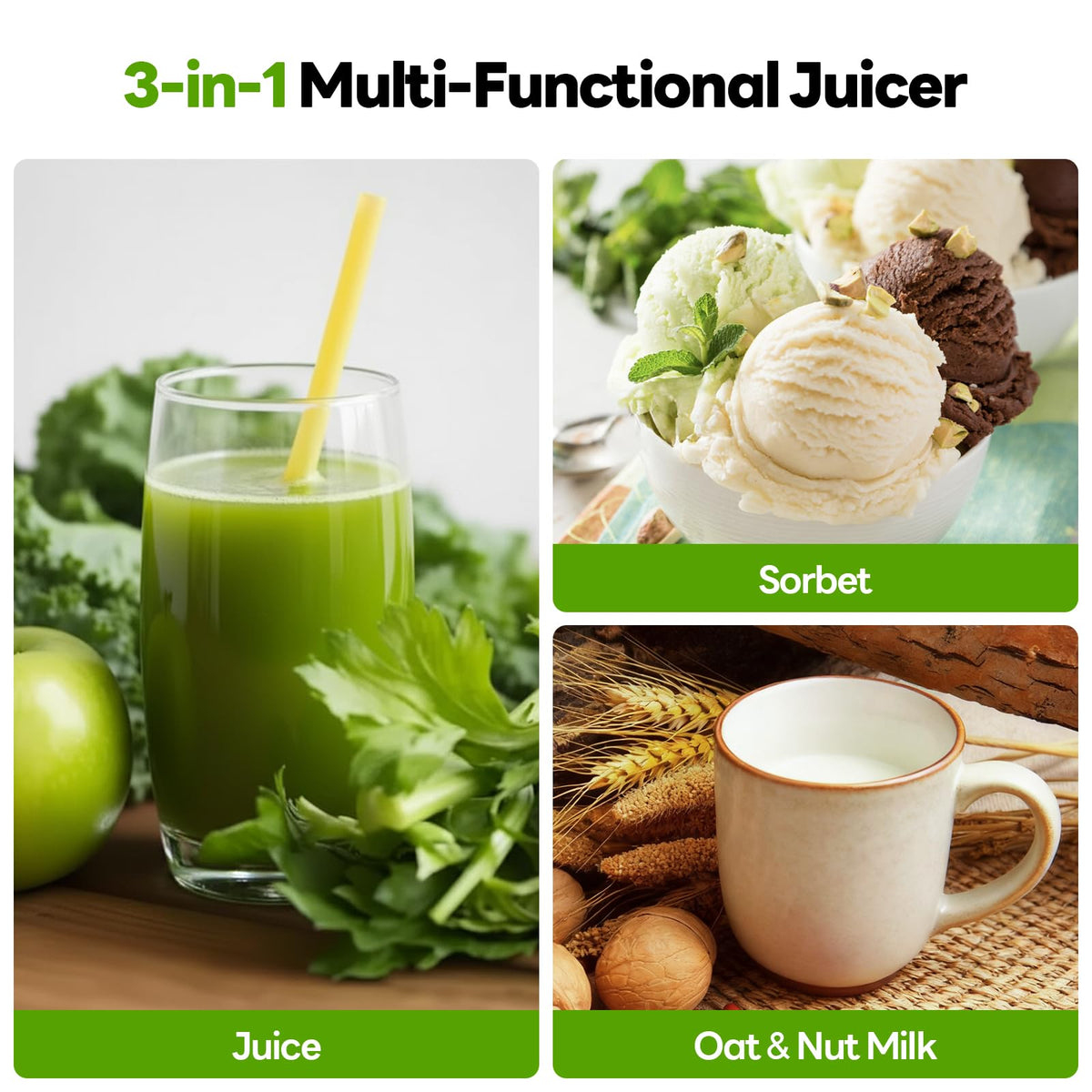 ECOSELF 3-in-1 Juicer Machines, 6.0" Wide Mouth Hopper, Easy to Clean Juice, Sorbet, Nut Milk with 3 Filters | 100oz Large Capacity fit Whole Produce | With Recipe Cold Press Juicer | With Pusher