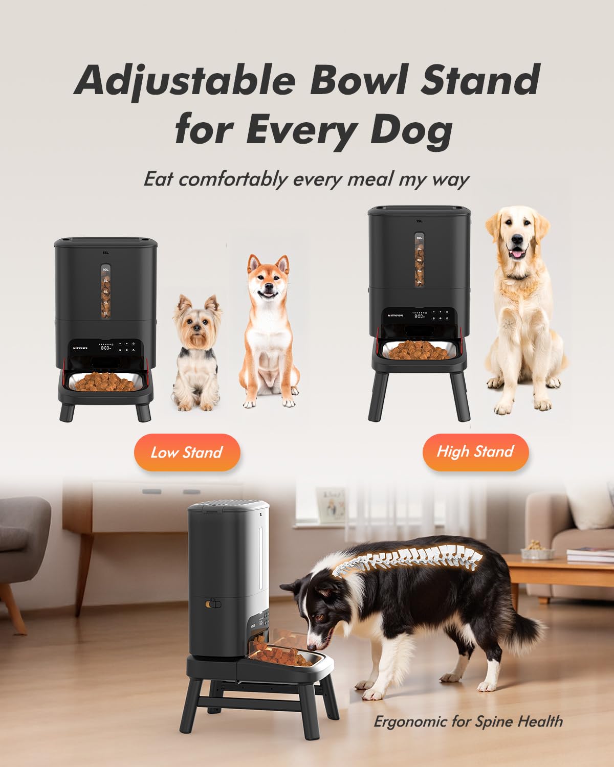 Automatic Dog Feeder for Large Breed - 15L/ 63 Cups Anti-Clog Dog Food Dispenser for 2-23mm Kibble, Elevated Stand, Large Food Tray, Dual Power, Up to 50 Portions 6 Meals Per Day, Keeps Fresh