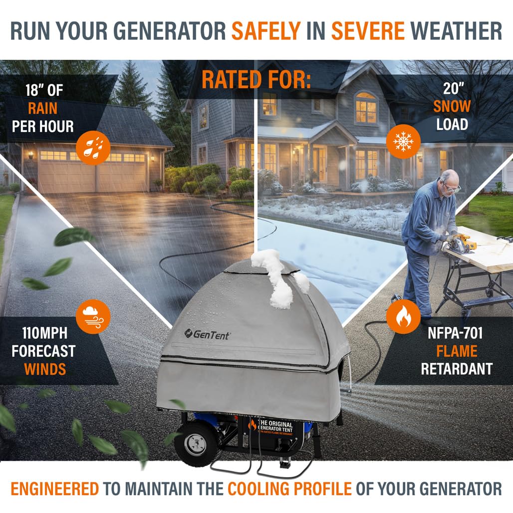 GenTent Universal Open Frame Generator Tent, Gray, Original - Standard Waterproof, NFPA-Rated, Ripstop Vinyl Running Cover, for Open Frame Generators with Post Perimeters up to 105 inches